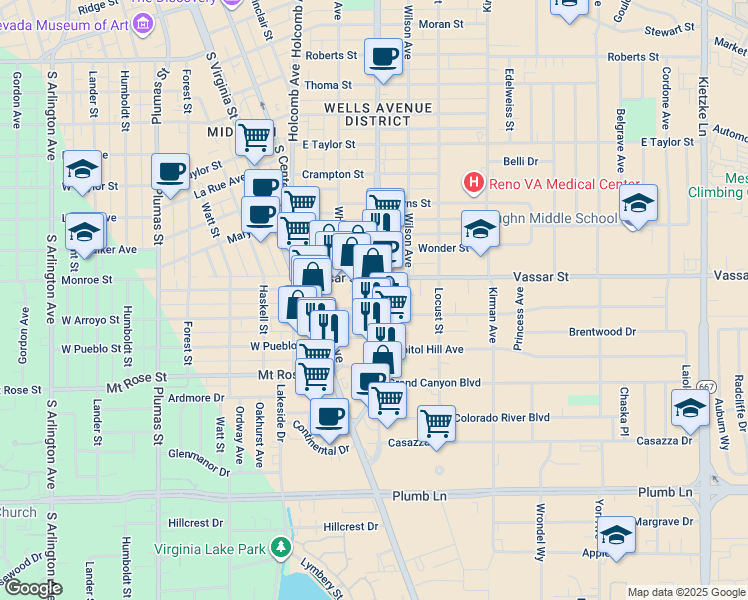 map of restaurants, bars, coffee shops, grocery stores, and more near 1401 South Wells Avenue in Reno