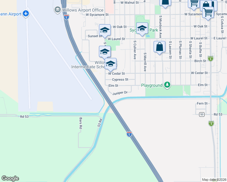 map of restaurants, bars, coffee shops, grocery stores, and more near 1126 Juniper Drive in Willows