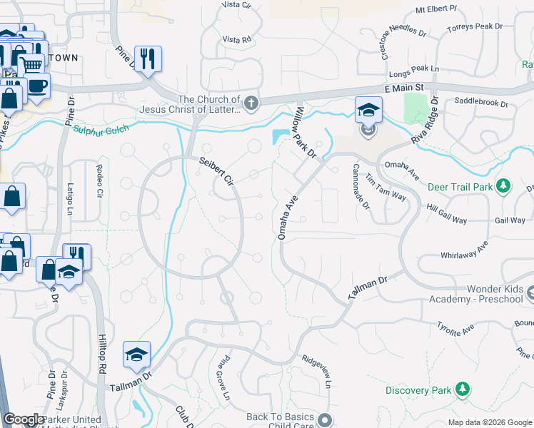 map of restaurants, bars, coffee shops, grocery stores, and more near 20857 East Shefield Place in Parker