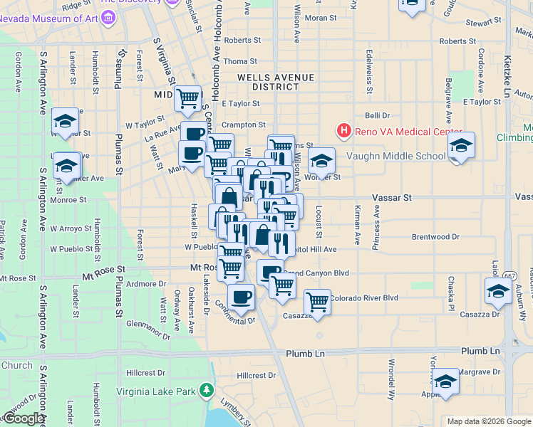 map of restaurants, bars, coffee shops, grocery stores, and more near 1401 South Wells Avenue in Reno
