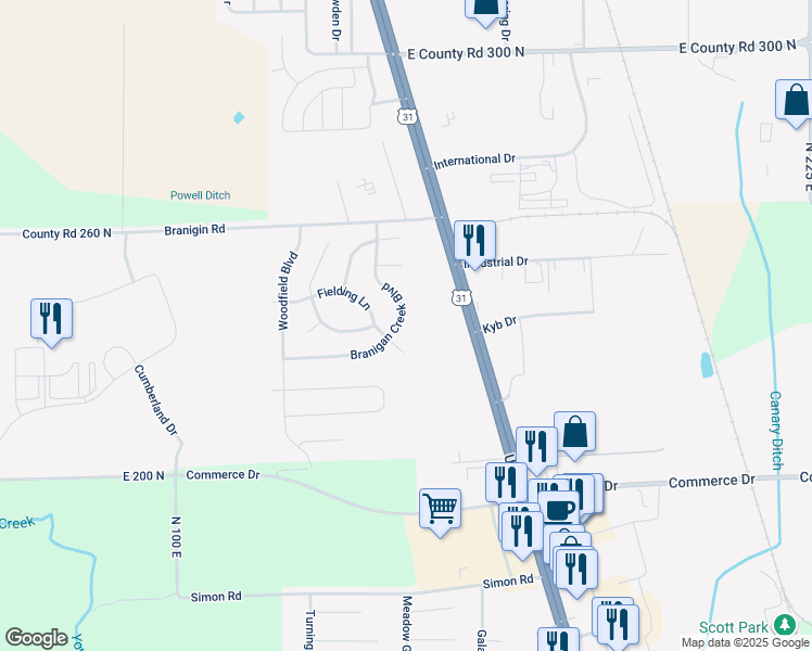 map of restaurants, bars, coffee shops, grocery stores, and more near 2693 Branigan Creek Boulevard in Franklin