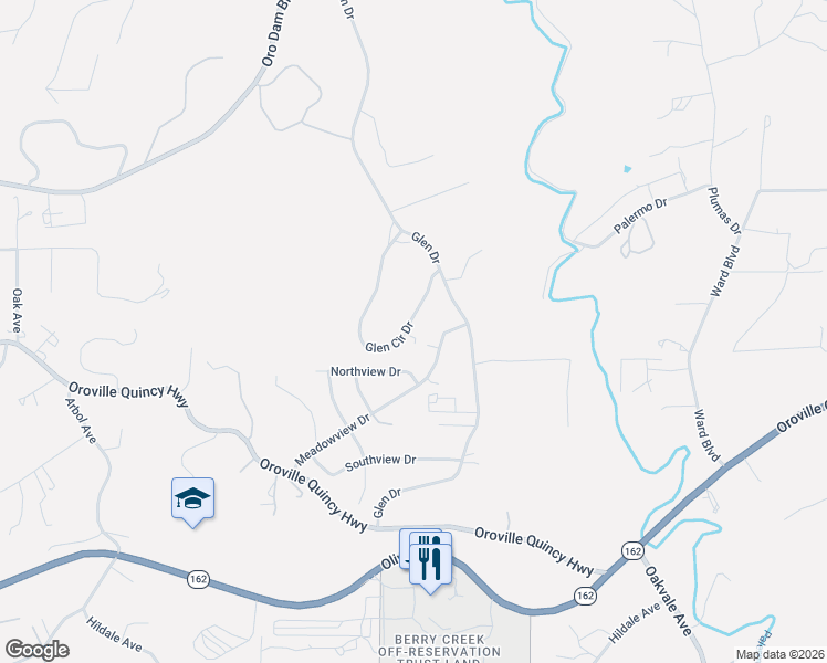 map of restaurants, bars, coffee shops, grocery stores, and more near 124 Glen Circle Drive in Oroville