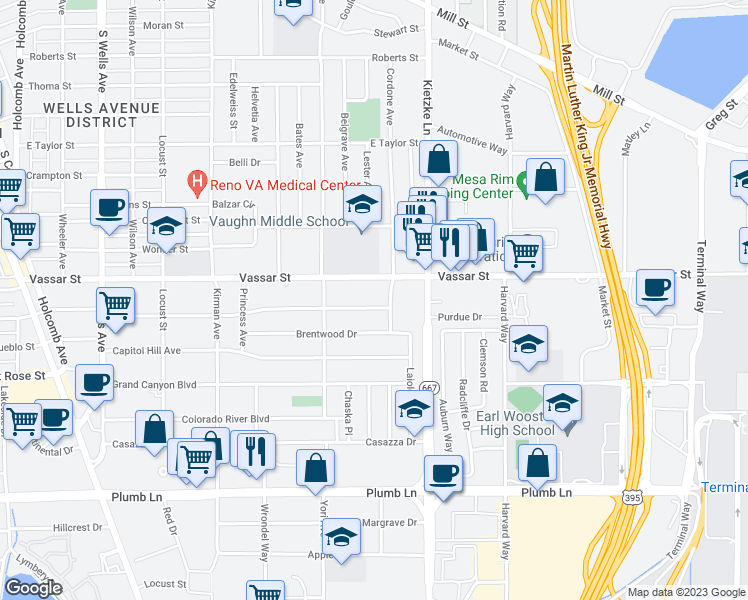 map of restaurants, bars, coffee shops, grocery stores, and more near 1125 Brentwood Drive in Reno