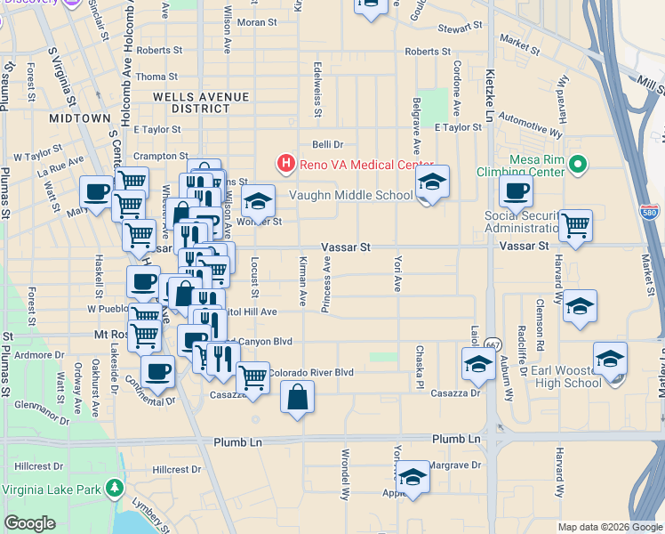 map of restaurants, bars, coffee shops, grocery stores, and more near 1405 Princess Avenue in Reno