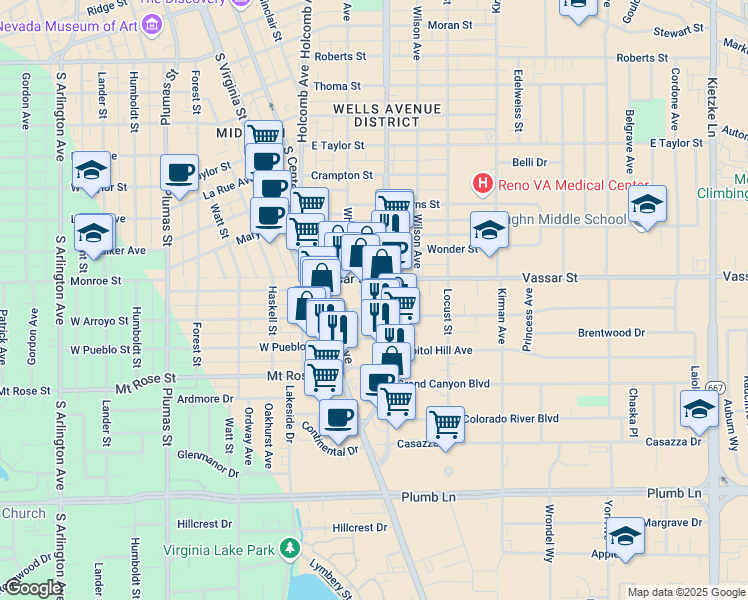 map of restaurants, bars, coffee shops, grocery stores, and more near 1401 South Wells Avenue in Reno