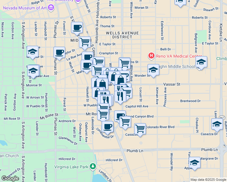 map of restaurants, bars, coffee shops, grocery stores, and more near 128 East Arroyo Street in Reno