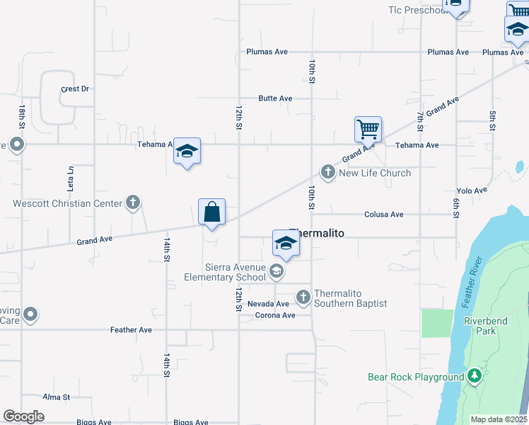 map of restaurants, bars, coffee shops, grocery stores, and more near 1141 Grand Avenue in Oroville