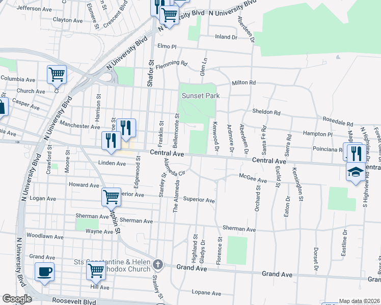 map of restaurants, bars, coffee shops, grocery stores, and more near 3 Alameda Circle in Middletown