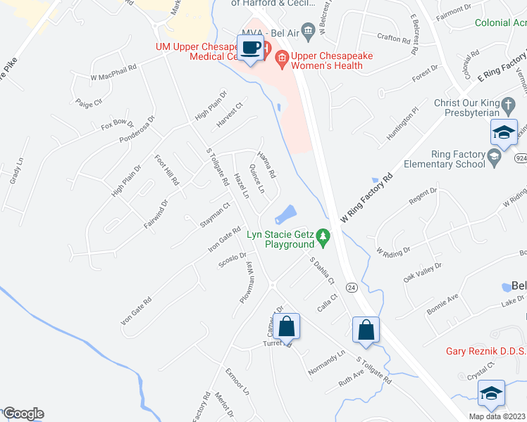 map of restaurants, bars, coffee shops, grocery stores, and more near 522 Hanna Road in Bel Air
