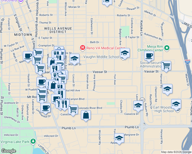 map of restaurants, bars, coffee shops, grocery stores, and more near 1405 Princess Avenue in Reno