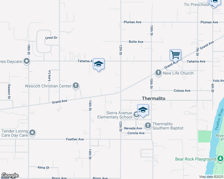 map of restaurants, bars, coffee shops, grocery stores, and more near 1260 Grand Avenue in Oroville