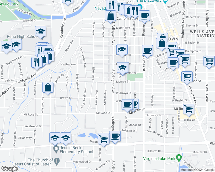 map of restaurants, bars, coffee shops, grocery stores, and more near 1214 Gordon Avenue in Reno