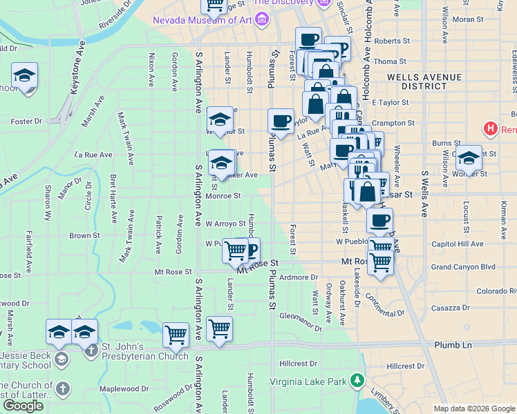 map of restaurants, bars, coffee shops, grocery stores, and more near 537 Monroe Street in Reno