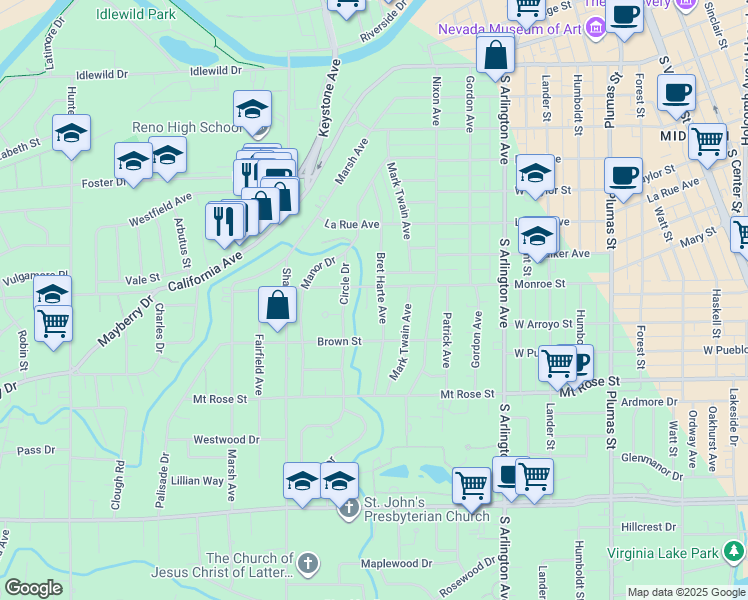 map of restaurants, bars, coffee shops, grocery stores, and more near 1155 Monroe Street in Reno