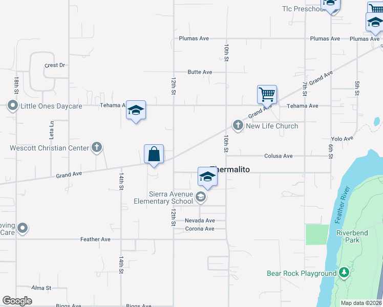 map of restaurants, bars, coffee shops, grocery stores, and more near 1141 Grand Avenue in Oroville