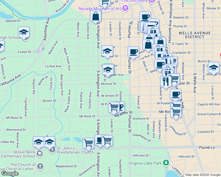 map of restaurants, bars, coffee shops, grocery stores, and more near 1125 Lander Street in Reno