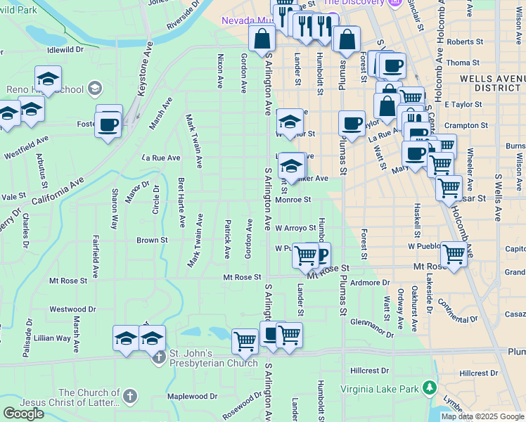 map of restaurants, bars, coffee shops, grocery stores, and more near 1130 South Arlington Avenue in Reno