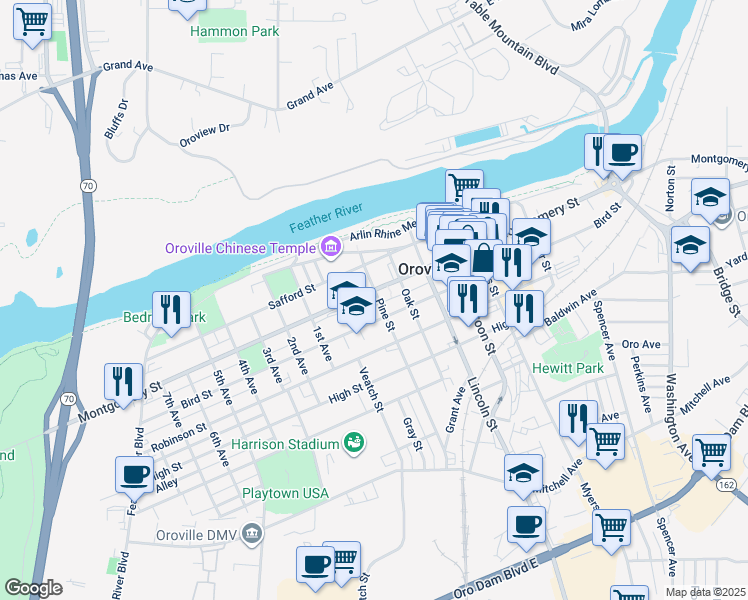 map of restaurants, bars, coffee shops, grocery stores, and more near 1255 Pine Street in Oroville