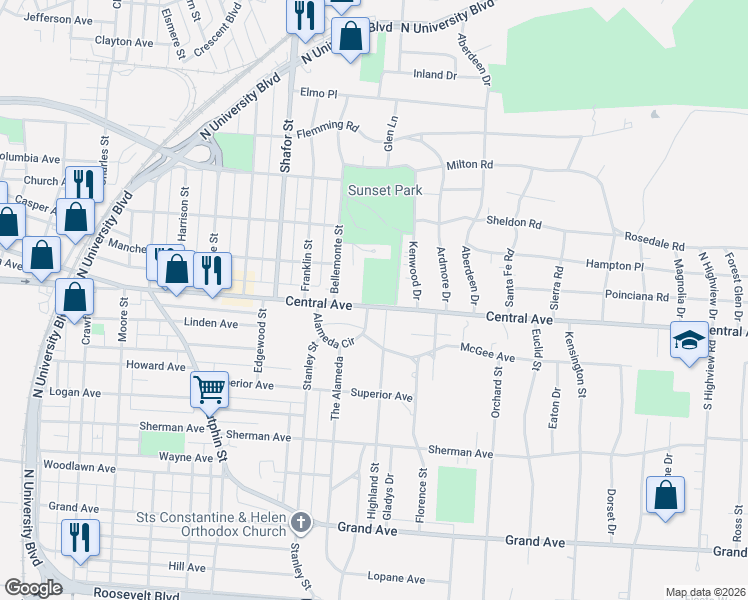 map of restaurants, bars, coffee shops, grocery stores, and more near 2701 Central Avenue in Middletown