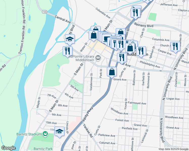 map of restaurants, bars, coffee shops, grocery stores, and more near 210 Park Street in Middletown