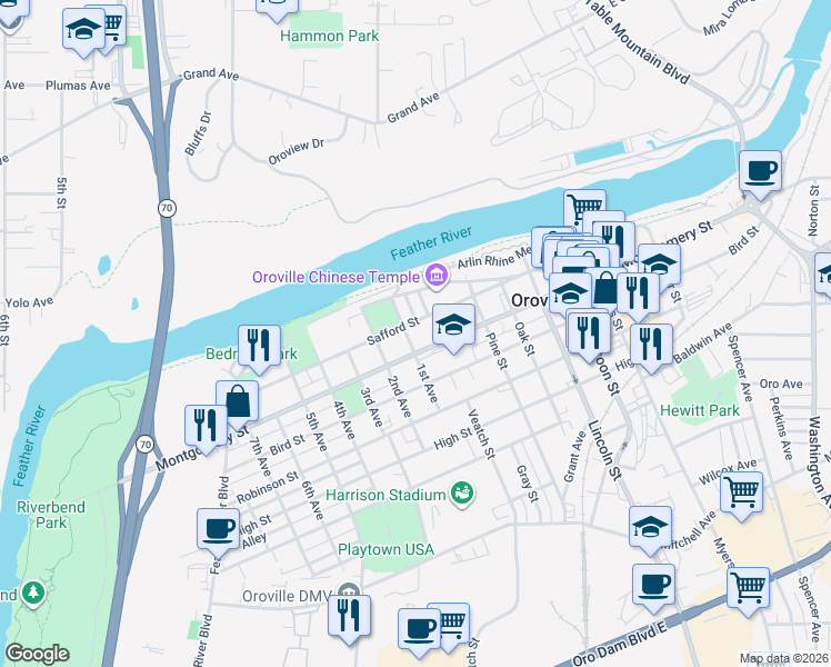 map of restaurants, bars, coffee shops, grocery stores, and more near in Oroville