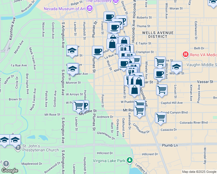 map of restaurants, bars, coffee shops, grocery stores, and more near 232 Caliente Street in Reno