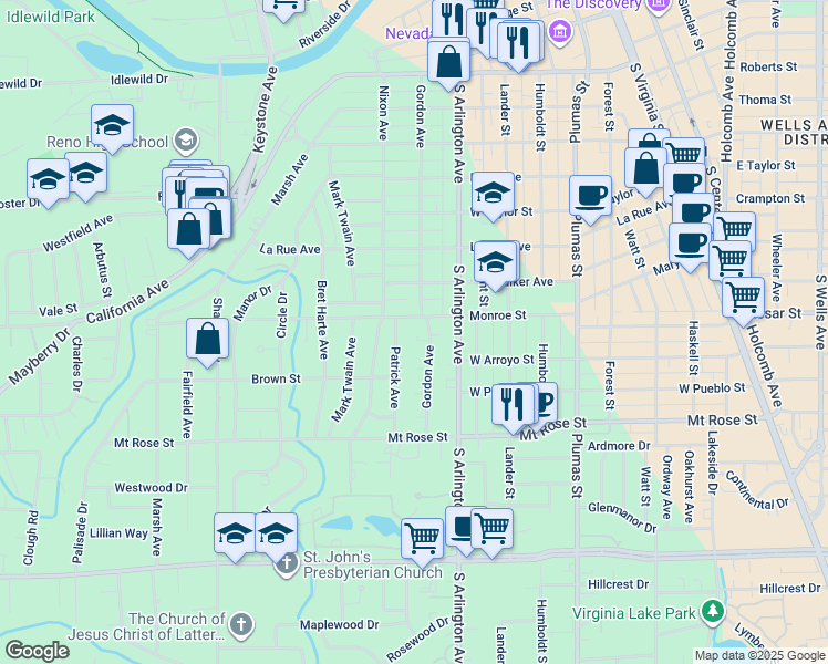 map of restaurants, bars, coffee shops, grocery stores, and more near 1209 Gordon Avenue in Reno