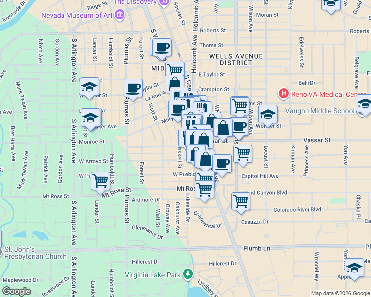 map of restaurants, bars, coffee shops, grocery stores, and more near 1074 Haskell Street in Reno