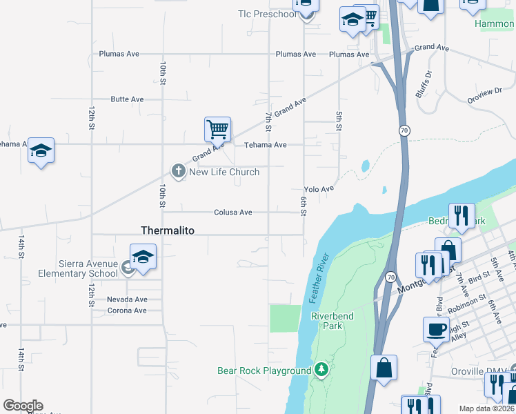 map of restaurants, bars, coffee shops, grocery stores, and more near 730 Colusa Avenue in Oroville