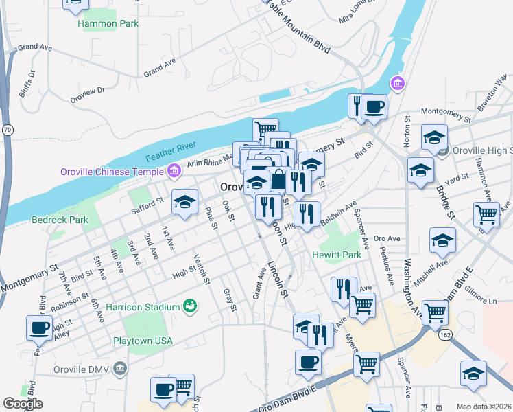 map of restaurants, bars, coffee shops, grocery stores, and more near 1859 Bird Street in Oroville