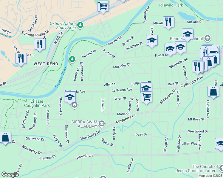 map of restaurants, bars, coffee shops, grocery stores, and more near 1685 Allen Street in Reno
