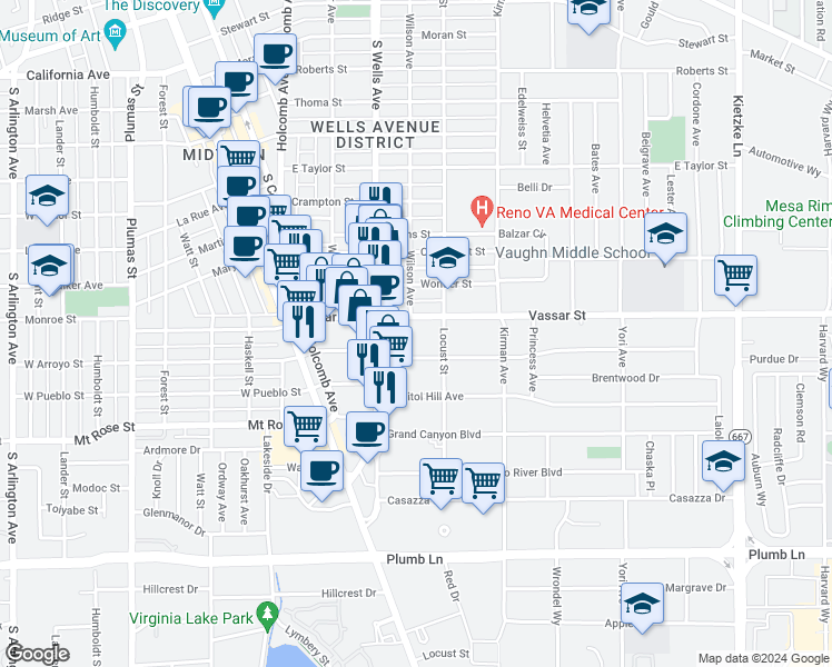 map of restaurants, bars, coffee shops, grocery stores, and more near 1295 Wilson Avenue in Reno