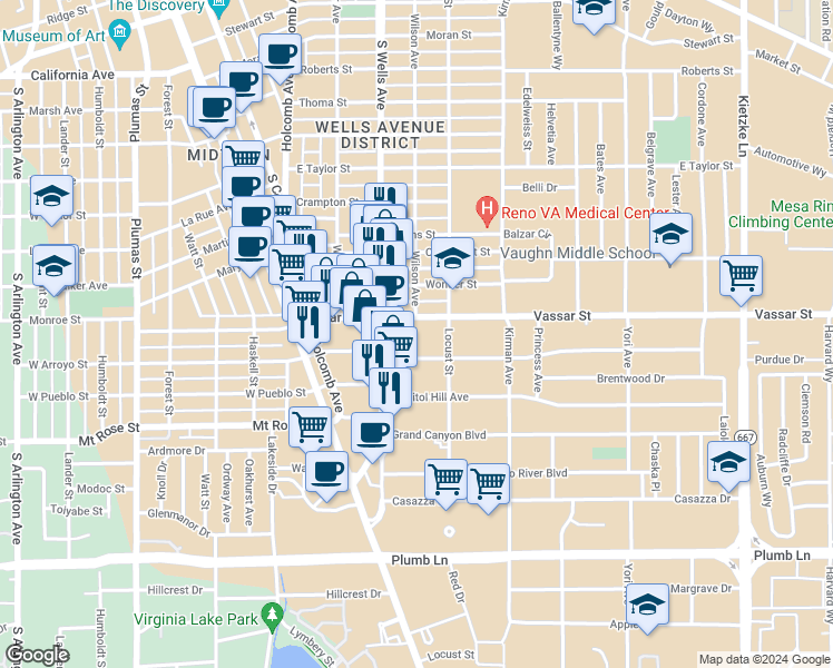 map of restaurants, bars, coffee shops, grocery stores, and more near 1295 Wilson Avenue in Reno