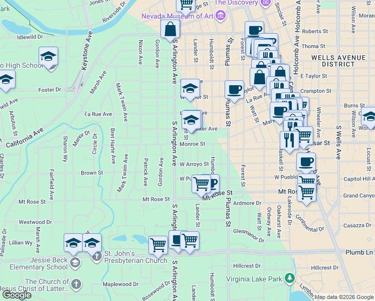 map of restaurants, bars, coffee shops, grocery stores, and more near 1125 Lander Street in Reno