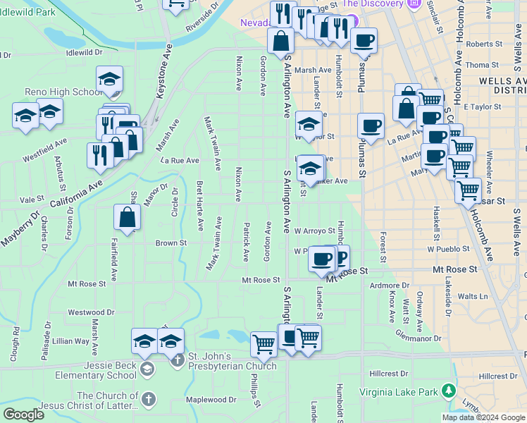 map of restaurants, bars, coffee shops, grocery stores, and more near 785 Monroe Street in Reno