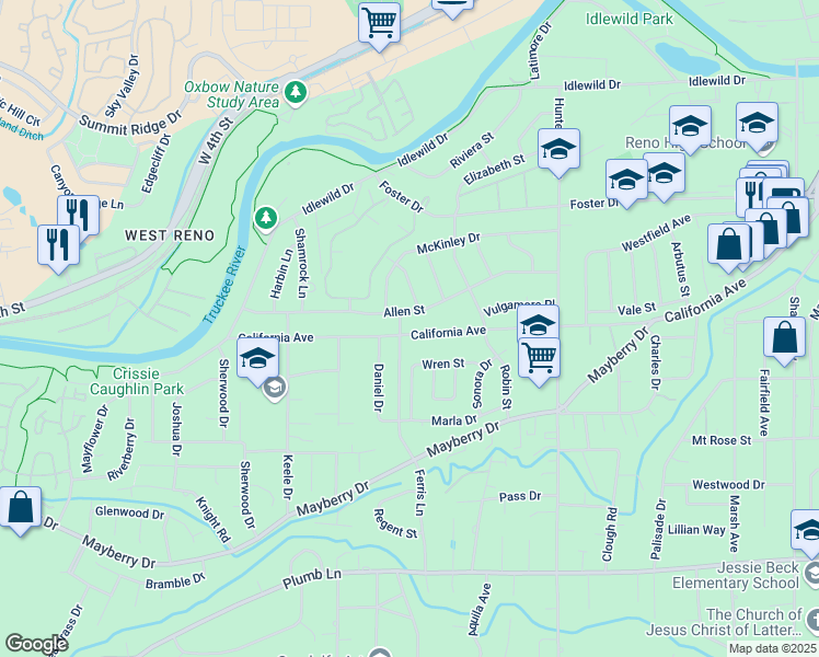 map of restaurants, bars, coffee shops, grocery stores, and more near 1685 Allen Street in Reno