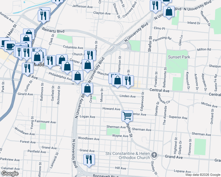 map of restaurants, bars, coffee shops, grocery stores, and more near 2009 Central Avenue in Middletown