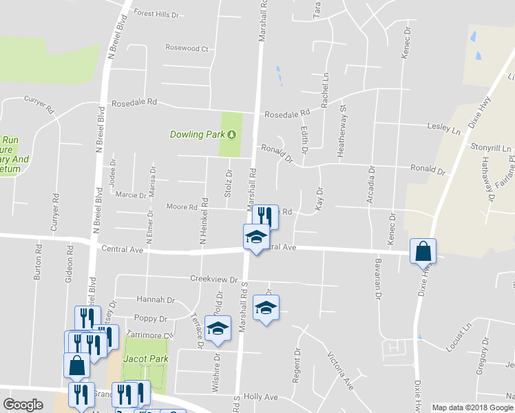 map of restaurants, bars, coffee shops, grocery stores, and more near 101 Marshall Road North in Middletown
