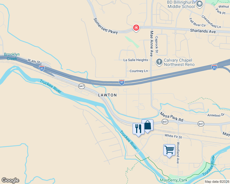 map of restaurants, bars, coffee shops, grocery stores, and more near 8455 Leroy Street in Reno