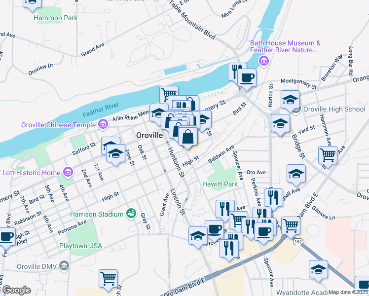map of restaurants, bars, coffee shops, grocery stores, and more near 1489 Myers Street in Oroville