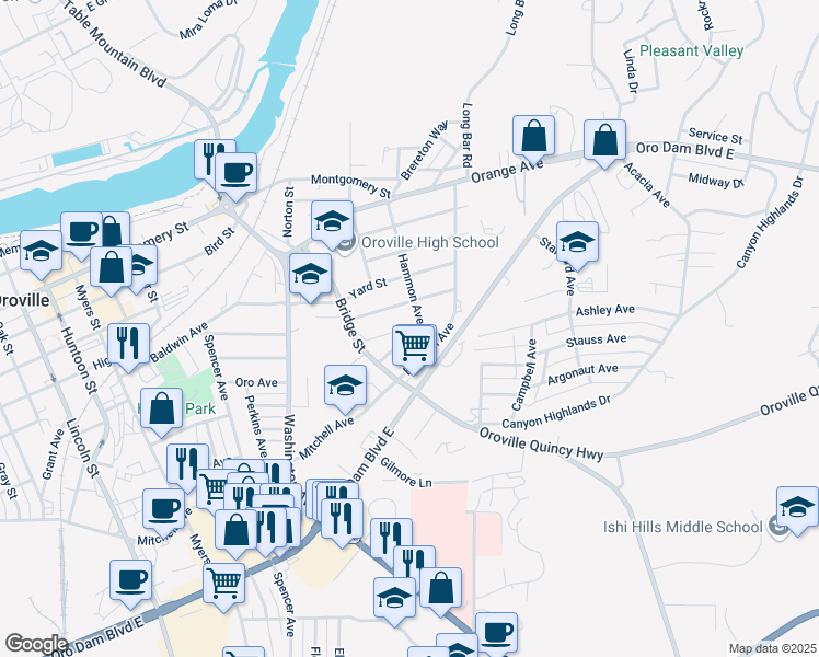 map of restaurants, bars, coffee shops, grocery stores, and more near 2960 Stormes Avenue in Oroville