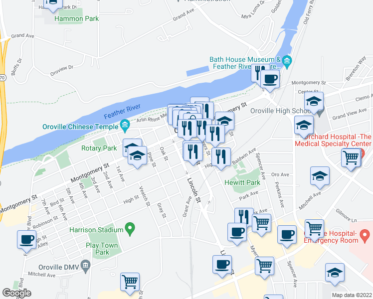 map of restaurants, bars, coffee shops, grocery stores, and more near 1859 Bird Street in Oroville