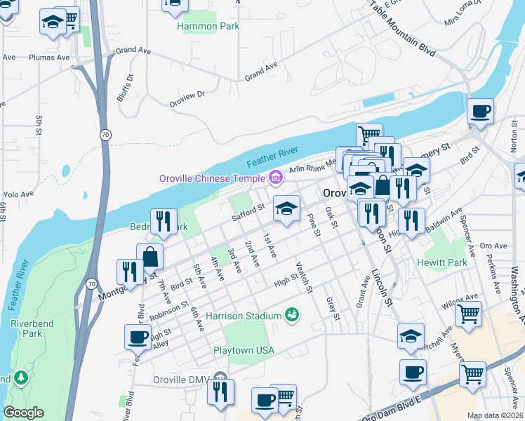 map of restaurants, bars, coffee shops, grocery stores, and more near 1355 Safford Street in Oroville