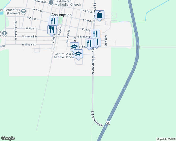 map of restaurants, bars, coffee shops, grocery stores, and more near 411 South US Highway 51 in Assumption