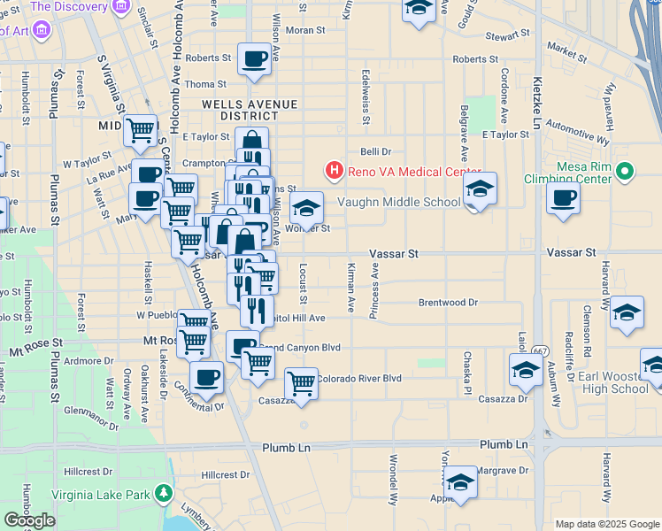 map of restaurants, bars, coffee shops, grocery stores, and more near 556 Vassar Street in Reno