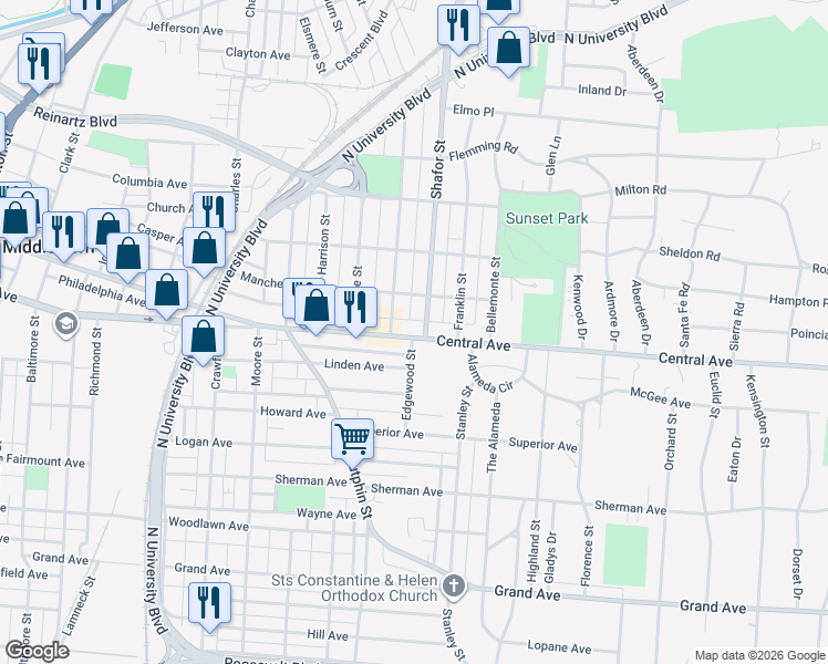 map of restaurants, bars, coffee shops, grocery stores, and more near 2315 Central Avenue in Middletown