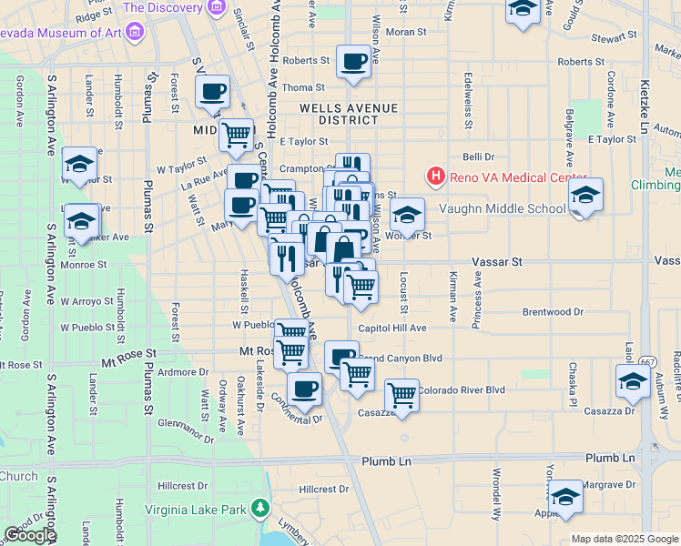map of restaurants, bars, coffee shops, grocery stores, and more near 1295 South Wells Avenue in Reno