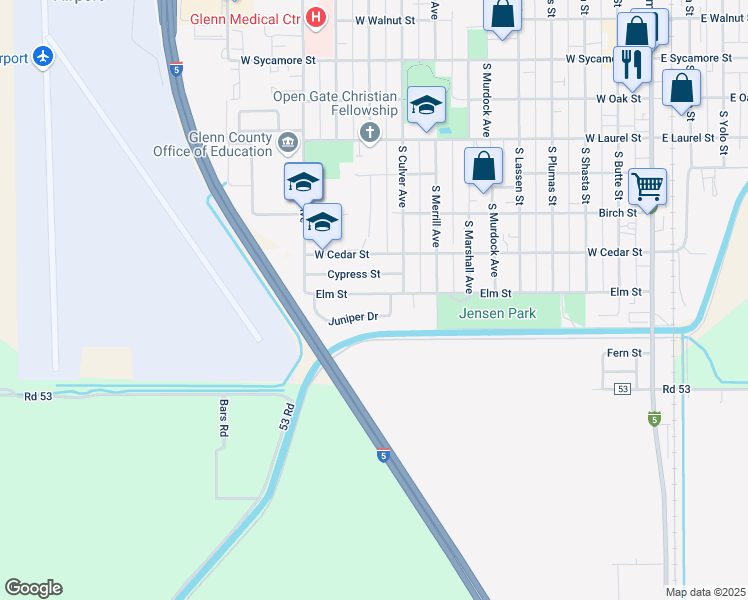 map of restaurants, bars, coffee shops, grocery stores, and more near 952 Elm Street in Willows