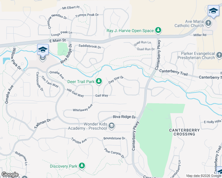 map of restaurants, bars, coffee shops, grocery stores, and more near 11258 Gallahadion Lane in Parker