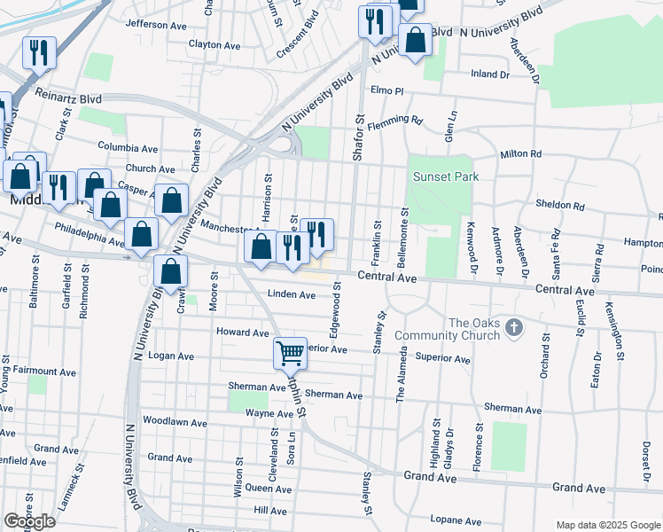 map of restaurants, bars, coffee shops, grocery stores, and more near 2307 Central Avenue in Middletown